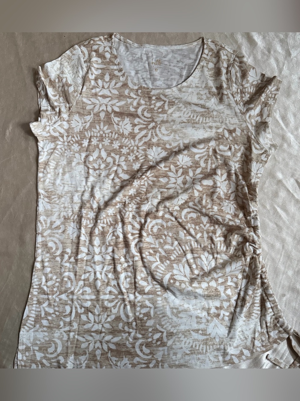 Belle by Kim Gravel Slub Knit Side Ruched Print Top small a594810
